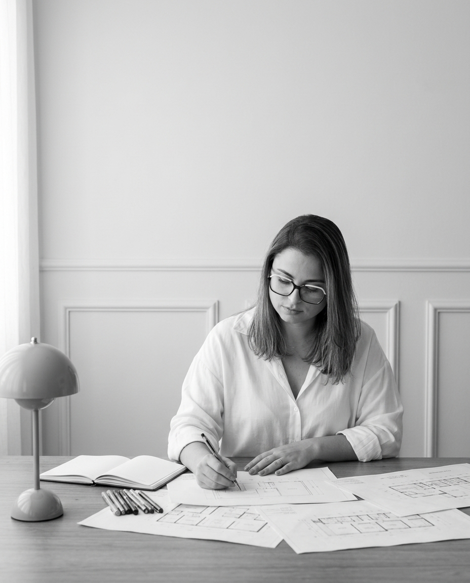 Gabrielle Jacarandá analisando plantas de um imóvel no escritório
