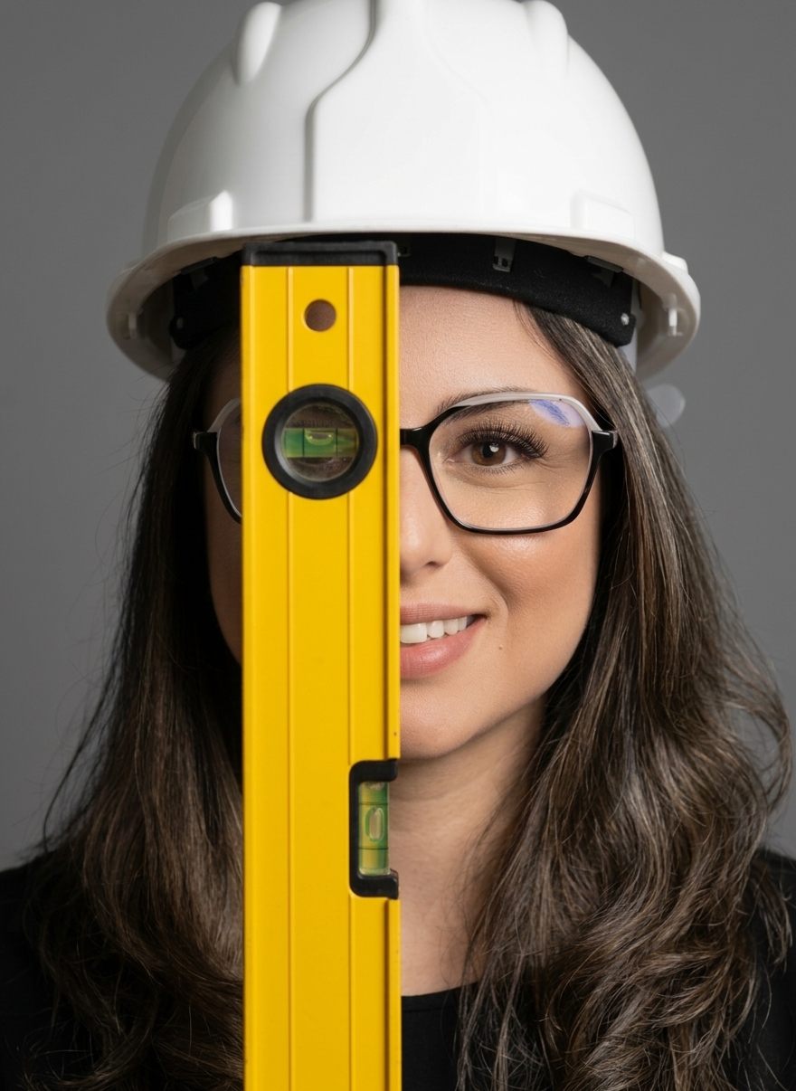 Gabrielle Jacarandá com capacete, segurando um nível de bolha em frente ao rosto